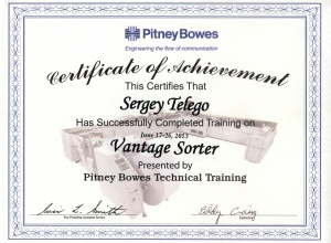 Сервисный сертификат PitneyBowes Vantage Sorter